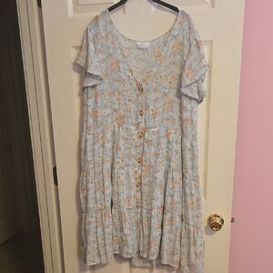 Floral Button-Down Midi Dress in Blue and Tan